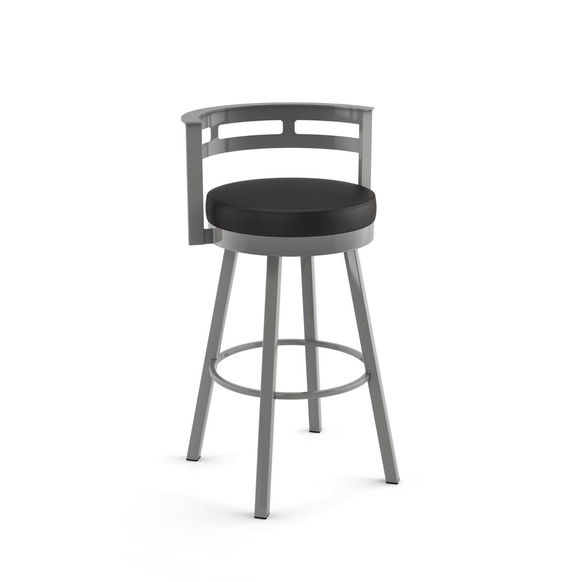 The Render Bar Height Swivel Stool features a metallic silver frame, rounded metal back with two horizontal cutouts, black upholstered seat, and angled legs with a round footrest. Made in Canada and ideal for commercial use.