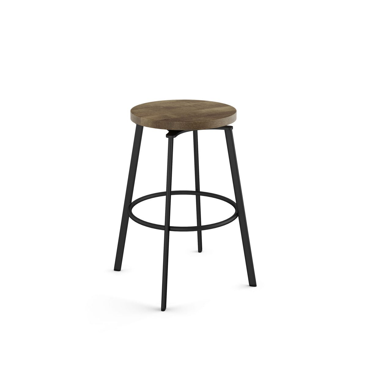 The Skyla Bar Height Swivel Stool features a round wood seat atop four black metal legs with a circular footrest, backless design, and expert Canadian craftsmanship—all showcased on a white background.