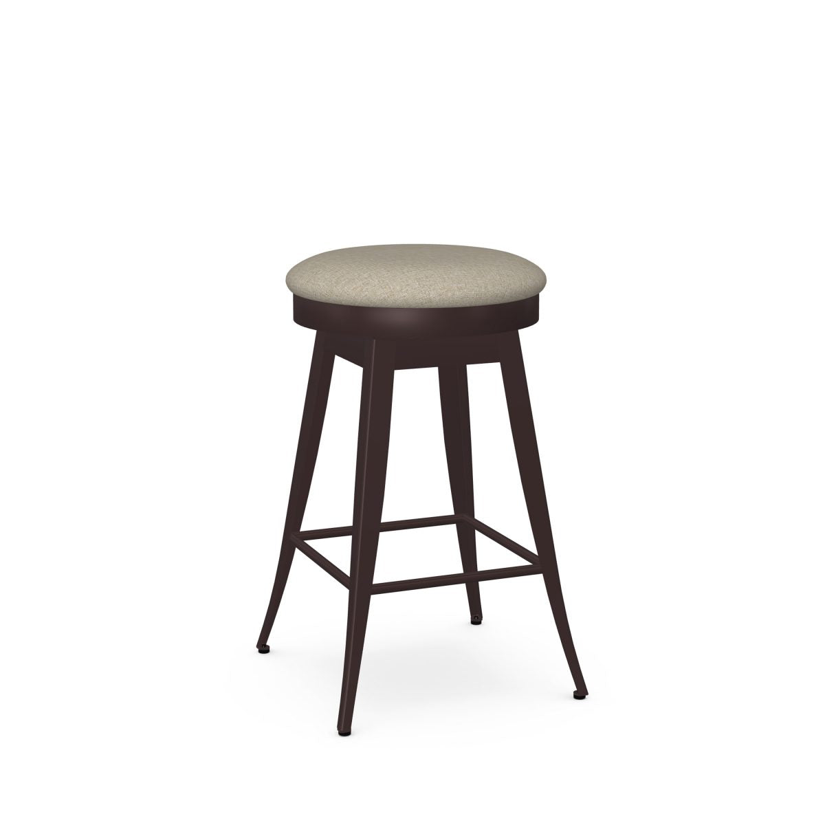 The Grace Bar Height Swivel Stool features a round, upholstered beige seat, dark metal legs, and a footrest. Ideal for commercial spaces, this backless stool is shown against a plain white background.