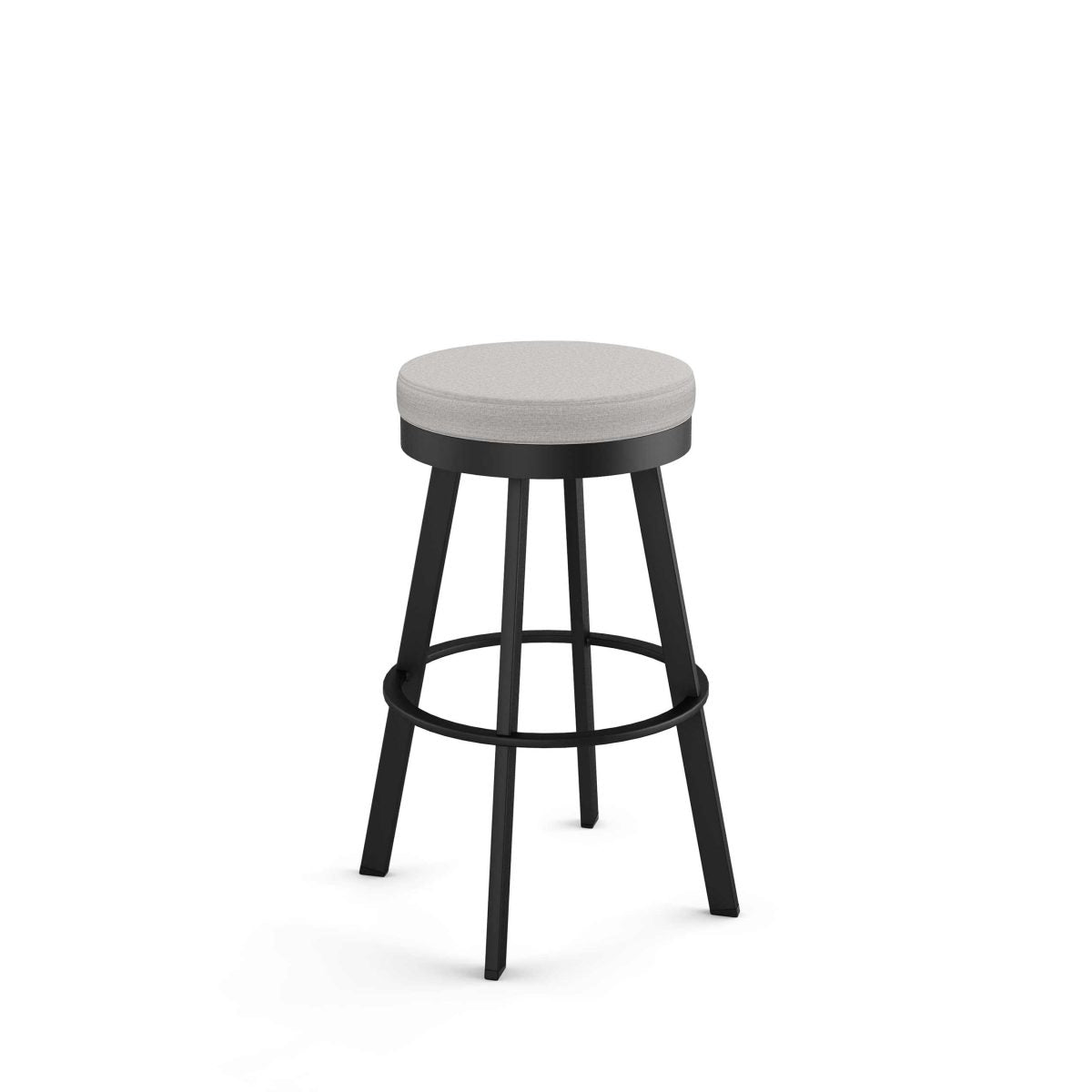 The Swice Bar Height Swivel Stool features a backless, upholstered round light gray seat, black metal legs with a circular footrest, and is ideal for commercial use—shown against a plain white background.