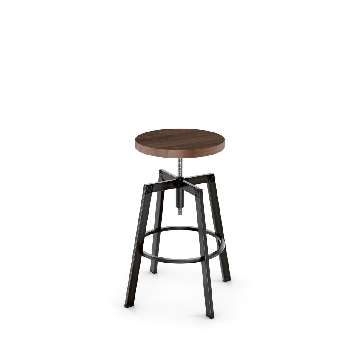 The Architect Screw Stool (Backless with Wood Seat) features a round wooden seat, metal legs, and a circular footrest. Its angular industrial frame makes it ideal for commercial use. Shown on a plain white background.