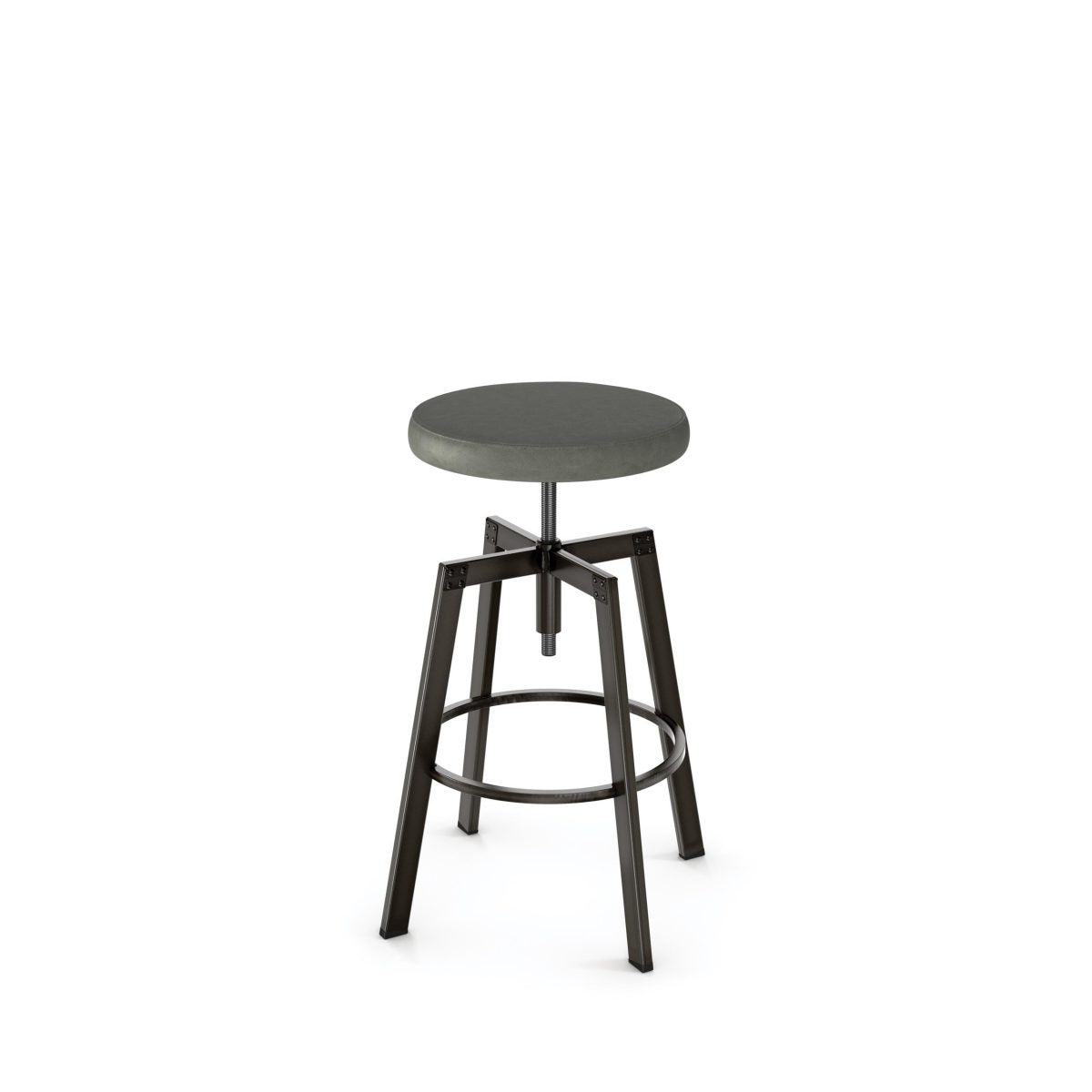 The Architect Screw Stool (Backless with Upholstered Seat) features a round gray seat, metal frame, angled legs, and circular footrest—modern industrial style ideal for commercial spaces—shown on a plain white background.