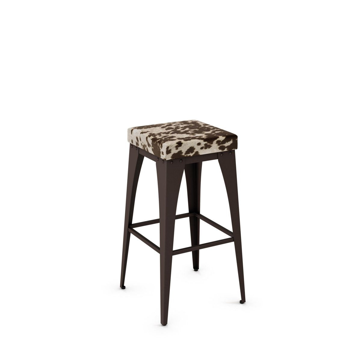 The Upright Bar Height Stool is backless with four angled legs and a rectangular, brown and white cowhide-patterned upholstered seat. Suitable for commercial use, its shown against a plain white background.