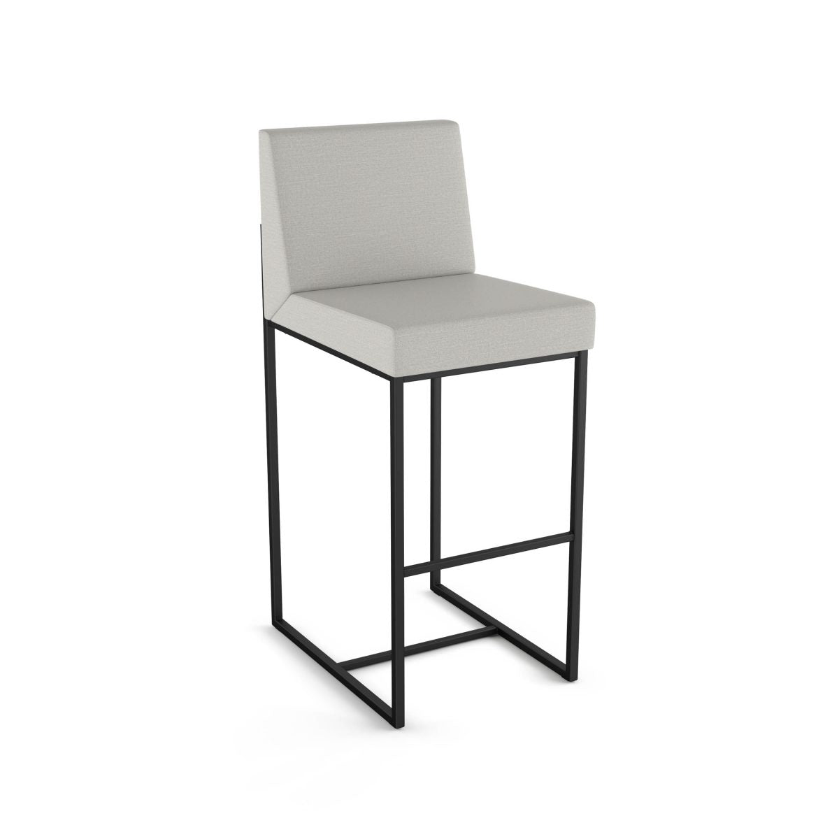 The Derry Bar Height Stool features a light gray upholstered seat and back, a sleek black metal frame with footrest, and outstanding Canadian craftsmanship—ideal for commercial spaces.