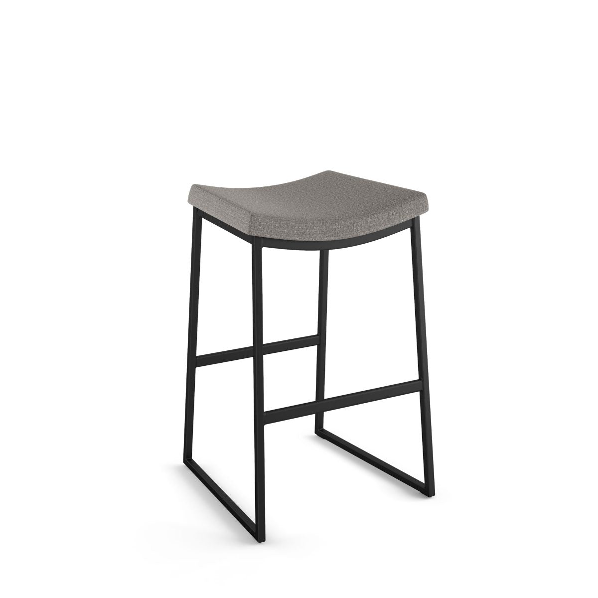 The David Bar Height Stool features a backless design with a curved, gray upholstered seat and black metal frame, highlighting Canadian craftsmanship against a plain white background.