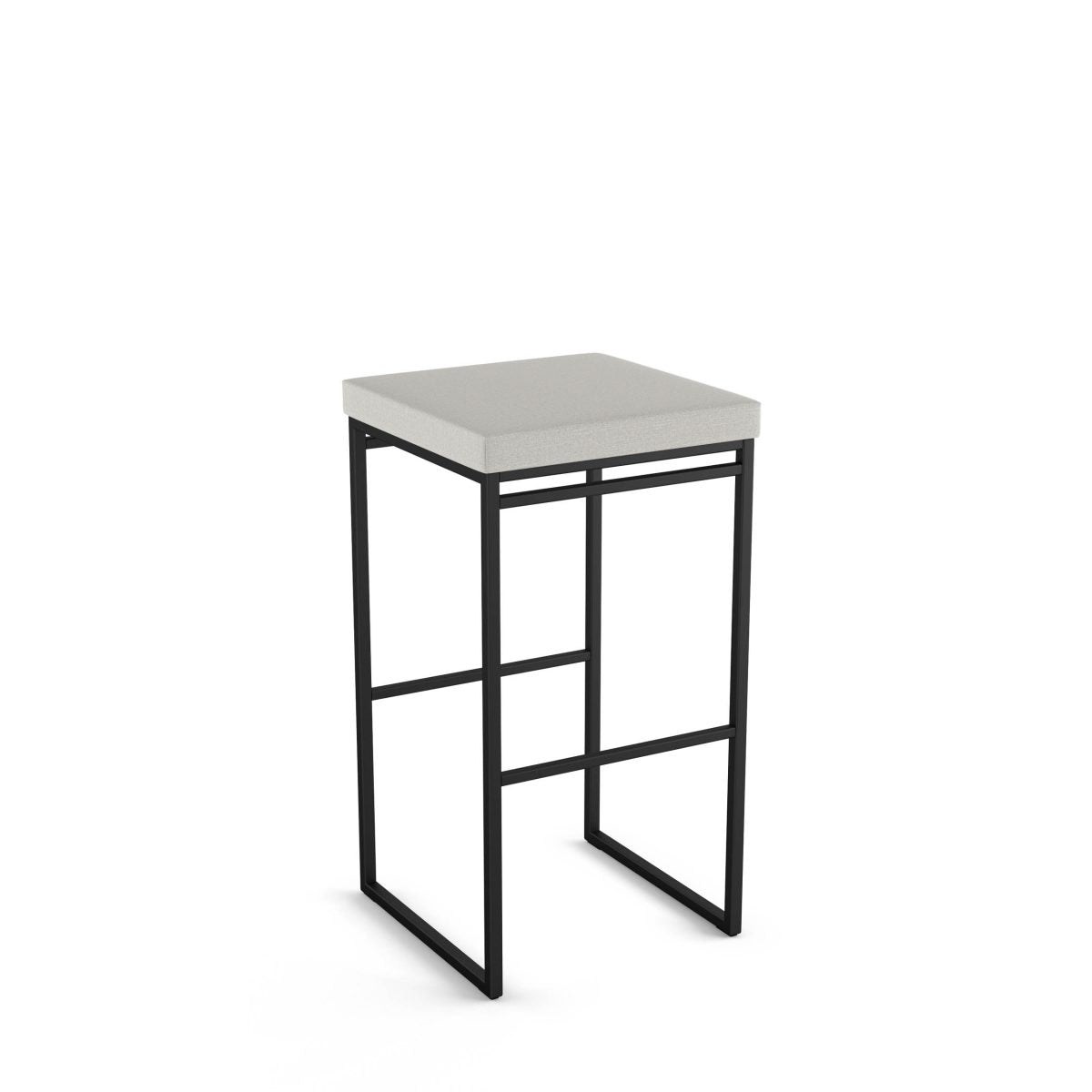 The Easy Bar Height Stool features a square, light gray upholstered seat atop a minimalist black metal frame. Backless and made in Canada, its ideal for commercial use. Displayed here against a plain white background.