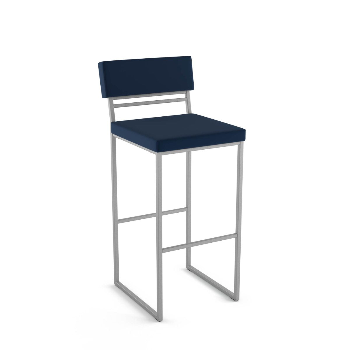 The Everly Counter Height Stool features a navy blue upholstered seat and back, a sleek silver metal frame, and highlights exceptional Canadian craftsmanship against a white background.