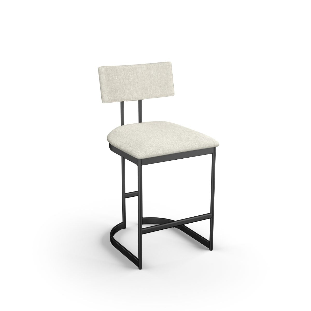 The Lucio Counter Height Stool features a black Canadian steel frame with slightly curved legs and a padded beige upholstered seat and back, shown against a plain white background—ideal for commercial use.