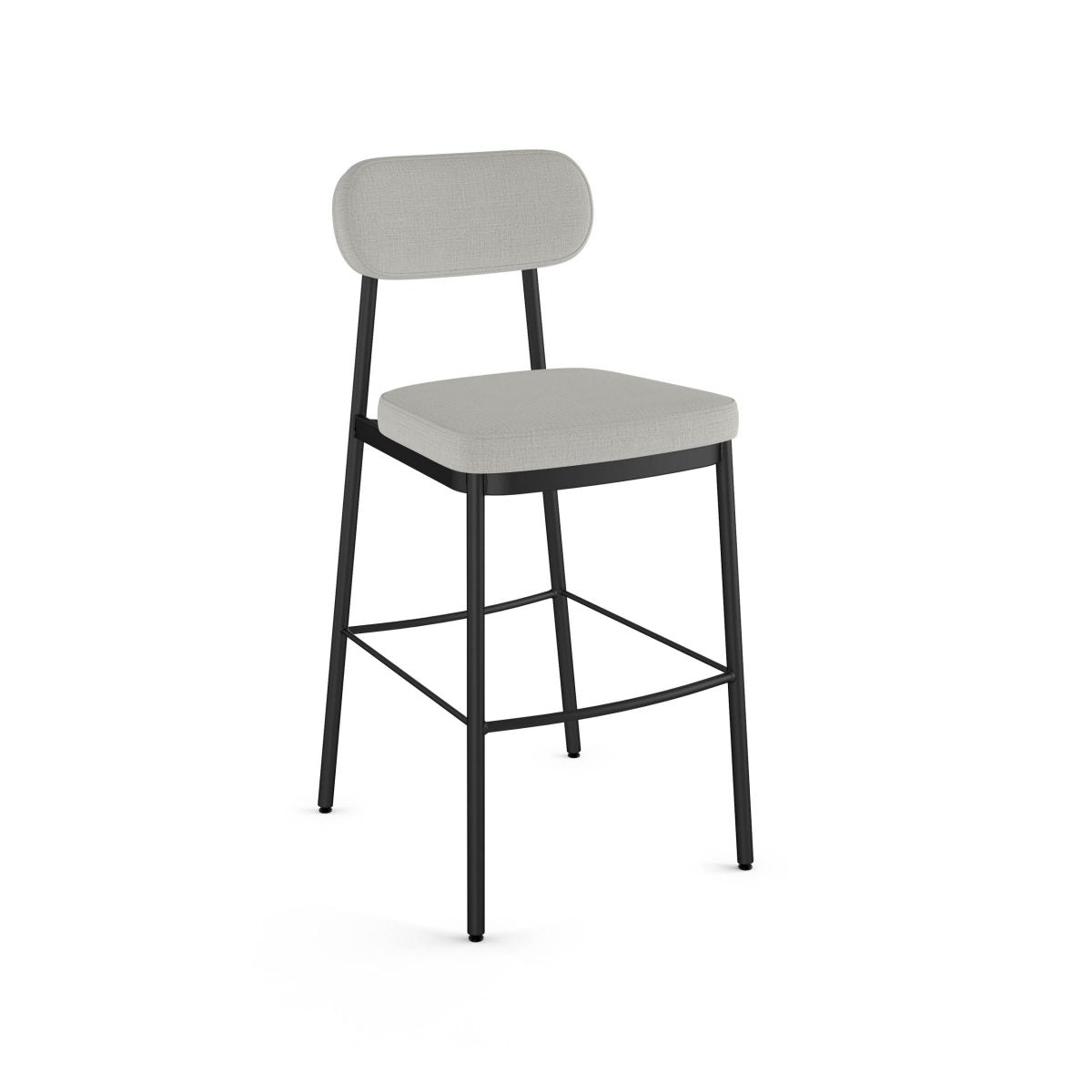 The Orly Bar Height Stool features a light gray upholstered seat and back, sleek black Canadian steel frame, four legs with footrest—ideal for commercial or home use.