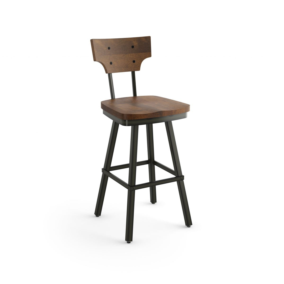 The Gustavson Bar Height Swivel Stool features a wood seat and back with four black metal legs and horizontal supports. Made in Canada, its modern industrial design is perfect for commercial spaces.