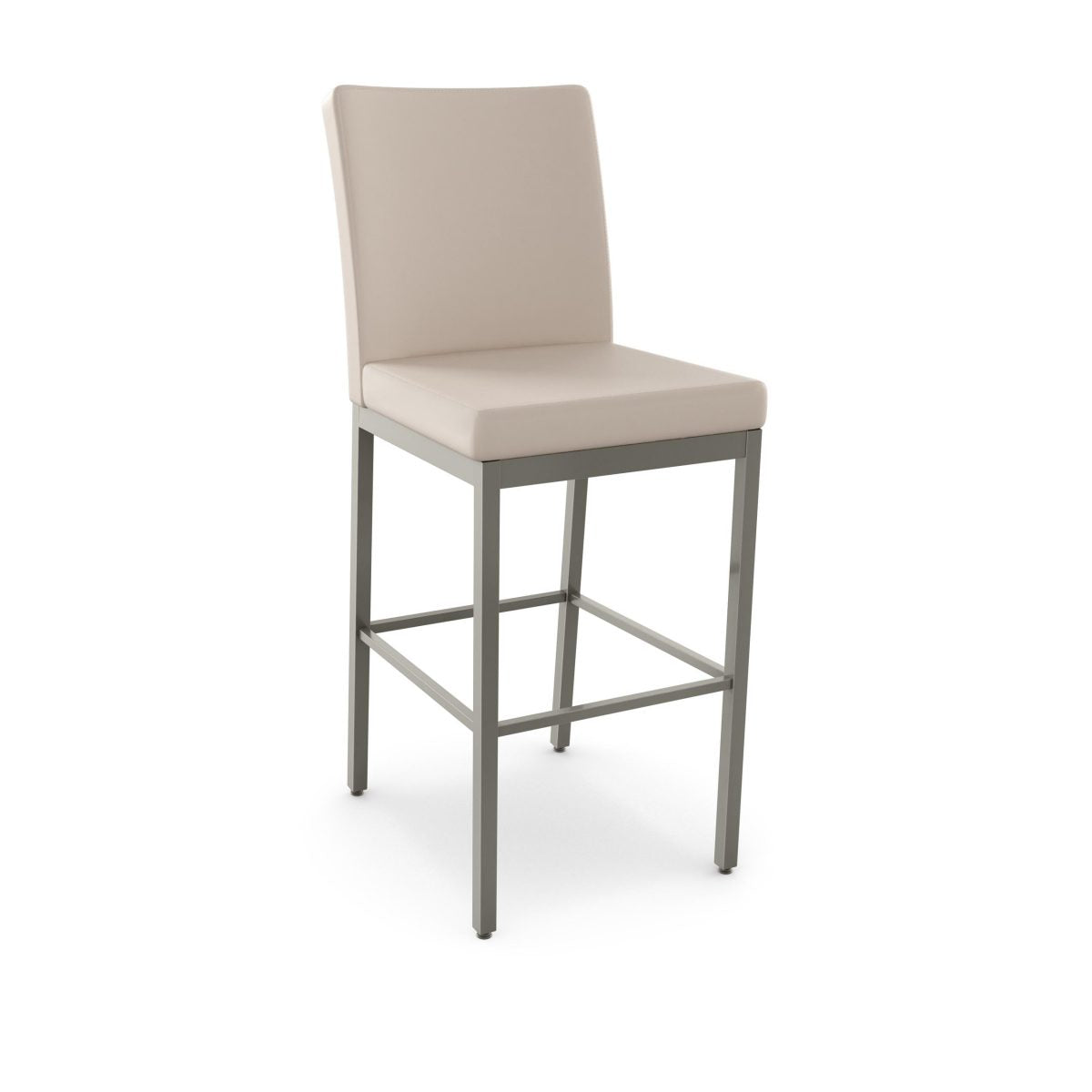 The Perry Bar Height Stool features a light beige upholstered seat and back, sleek silver Canadian steel frame, and four straight legs with support bars—perfect for commercial bar height seating.