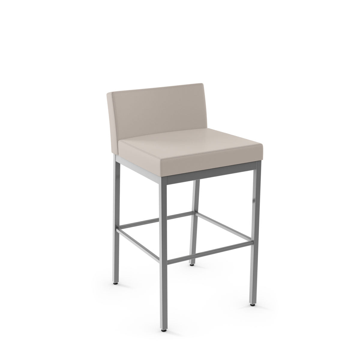 The Fairfield Plus Bar Height Stool features a light beige upholstered seat and back, minimalist design, sturdy metal legs with footrest—ideal for commercial spaces.
