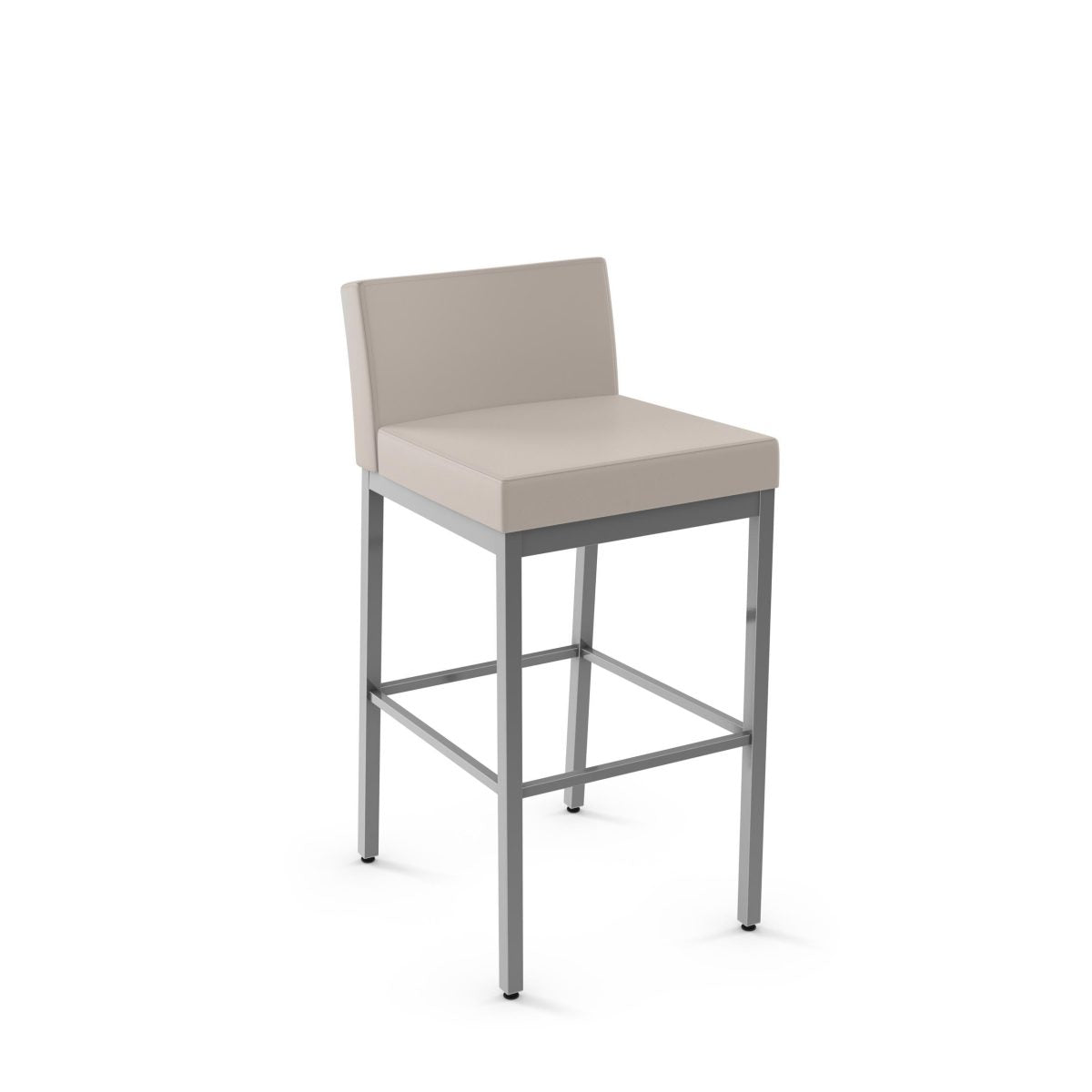 The Fairfield Bar Height Stool features a modern beige upholstered seat and low backrest, supported by sleek silver metal legs with a footrest—ideal for commercial spaces.