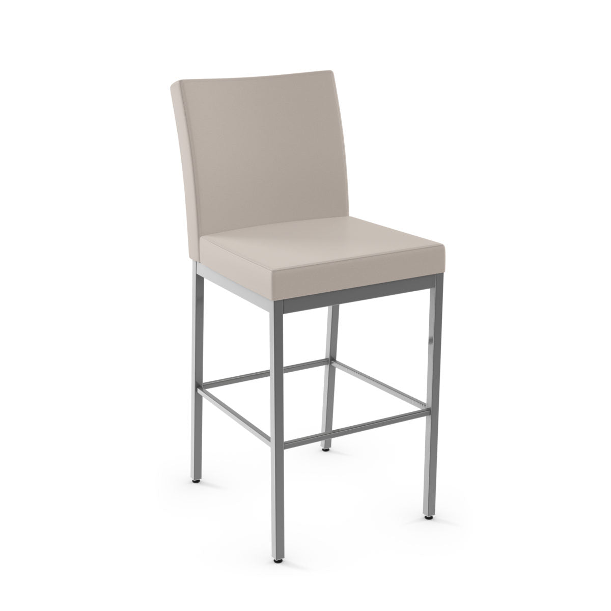 The Perry Plus Bar Height Stool features a light beige upholstered seat and back, supported by a sleek metal frame with four legs and footrests. Perfect for commercial use, it is shown against a white background.