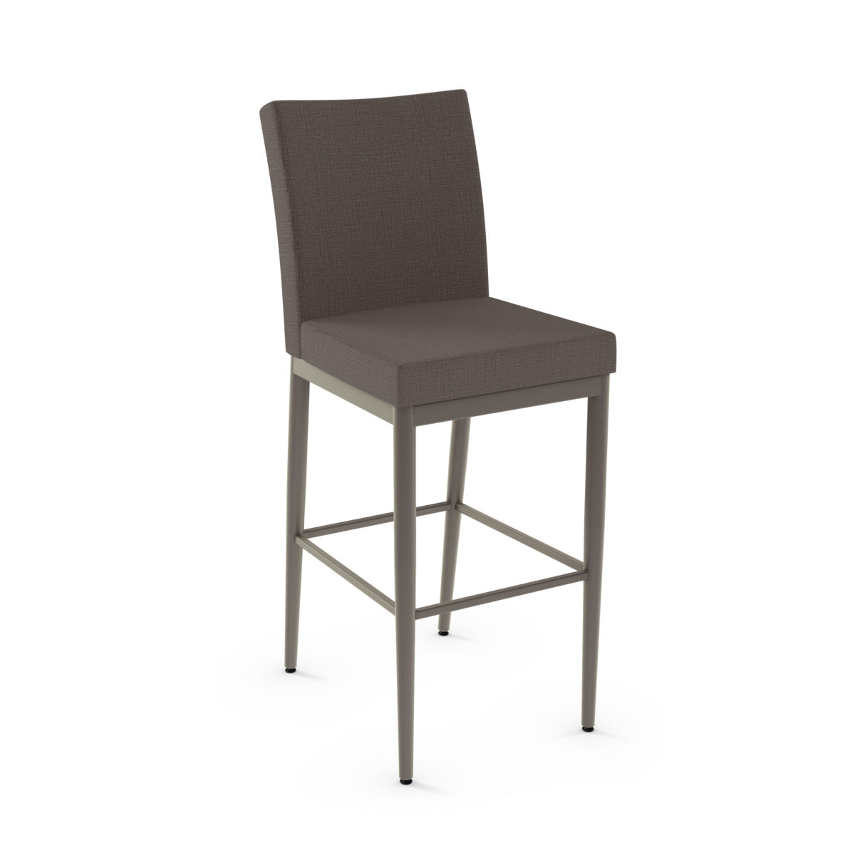 The Melrose Bar Height Stool features a brown upholstered seat and back, four slender metal legs with a footrest, and highlights exceptional Canadian craftsmanship against a white backdrop.
