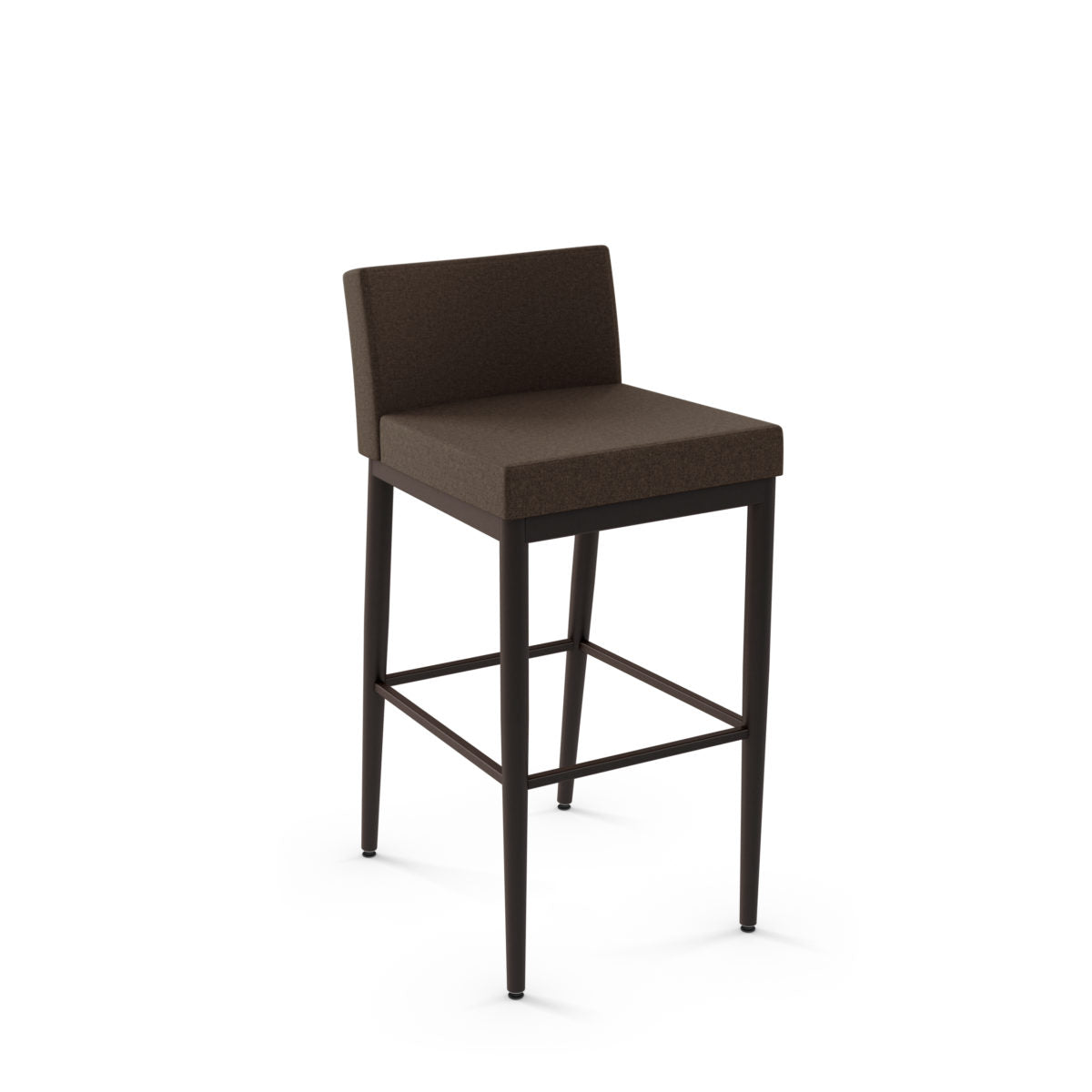 The Hanson Bar Height Stool features a modern design with a low backrest, dark brown upholstered seat and back, and four black wooden legs with footrests—durable enough for commercial use.