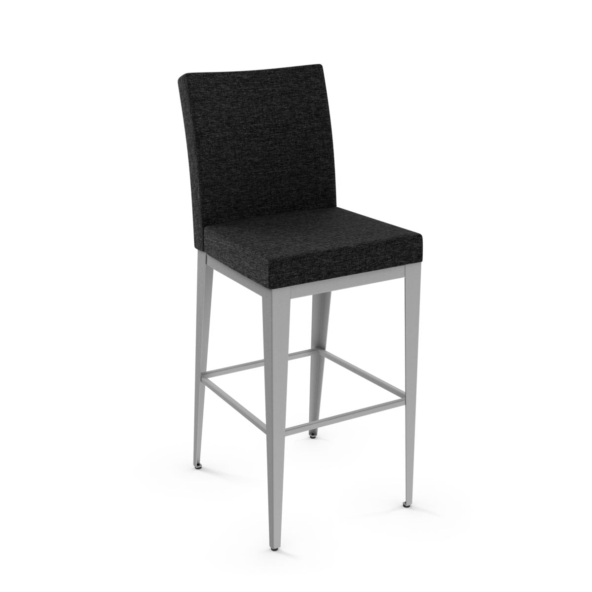 The Pablo Bar Height Stool features a dark upholstered seat and backrest, four straight light gray metal legs with support bars, offering a modern look ideal for commercial spaces.