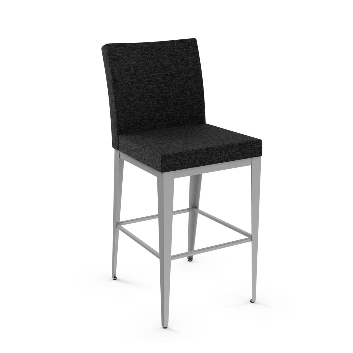 The Pablo Plus Counter Height Stool features a dark upholstered seat and back, four slim light gray metal legs with support bars, built for commercial use, shown against a plain white background.