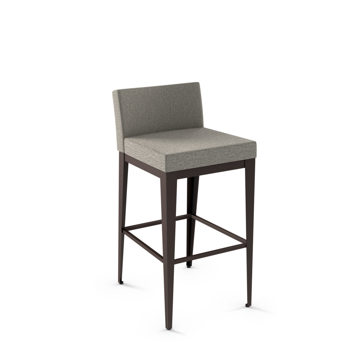 The Ethan Bar Height Stool features a modern design with a square grey upholstered seat and backrest, slender dark brown wooden legs, metal footrests, and is expertly crafted in Canada for commercial use.