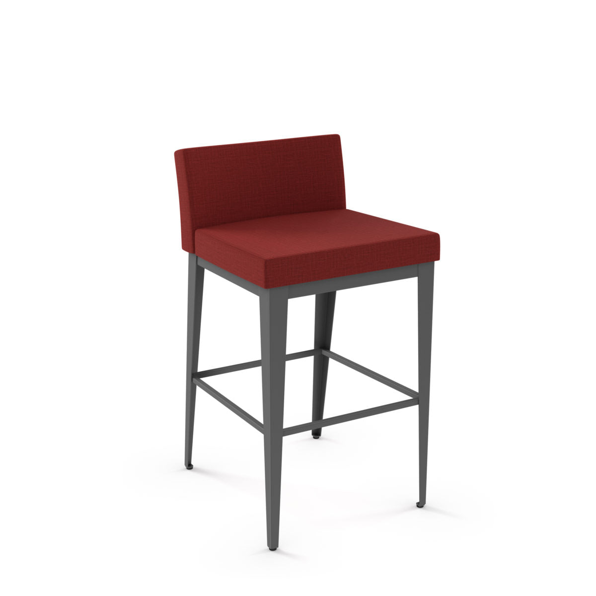 The Ethan Plus Bar Height Stool features a red upholstered seat and back, four slender gray Canadian steel legs, and a square footrest—combining modern style with durability for commercial spaces.