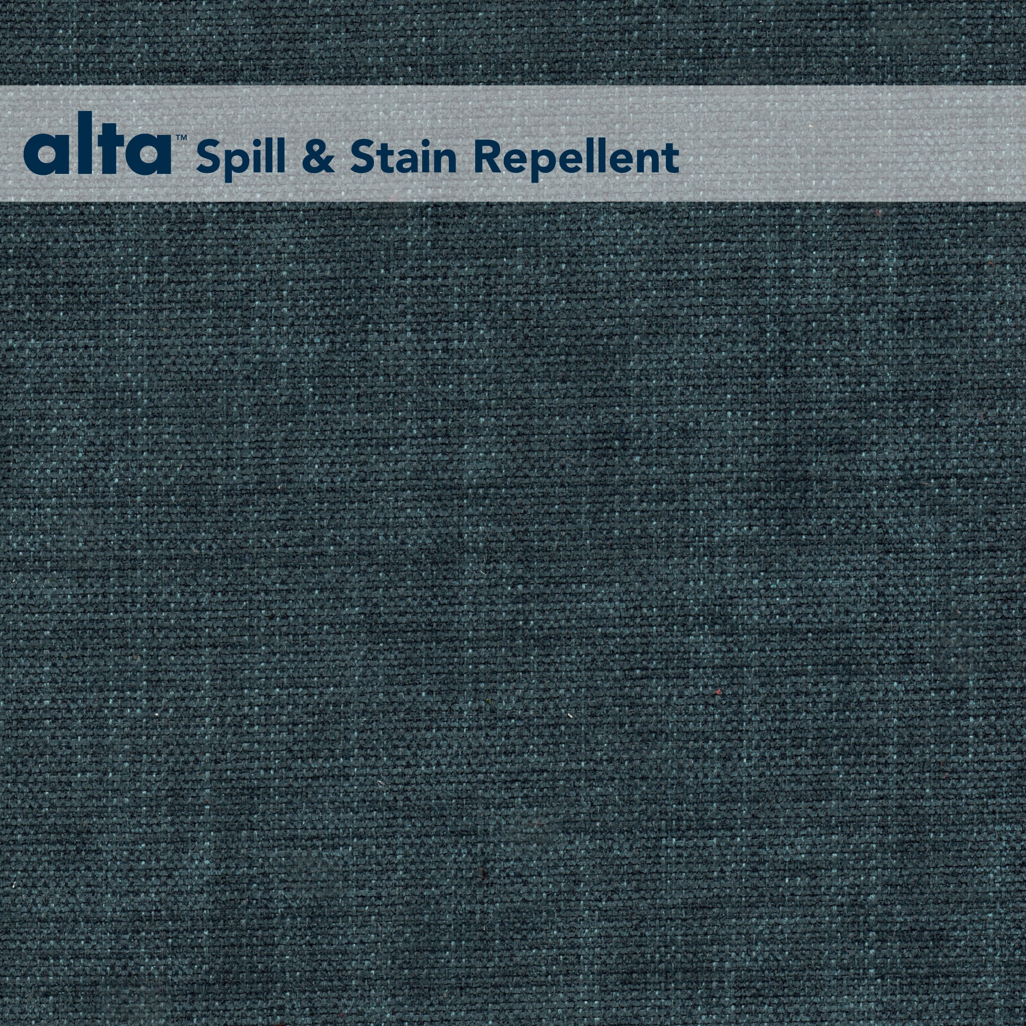 Admire, a dark blue textured performance fabric, features a horizontal gray banner at the top reading “alta™ Spill & Stain Repellent” in blue—perfect for hospitality interiors needing stain repellent upholstery.