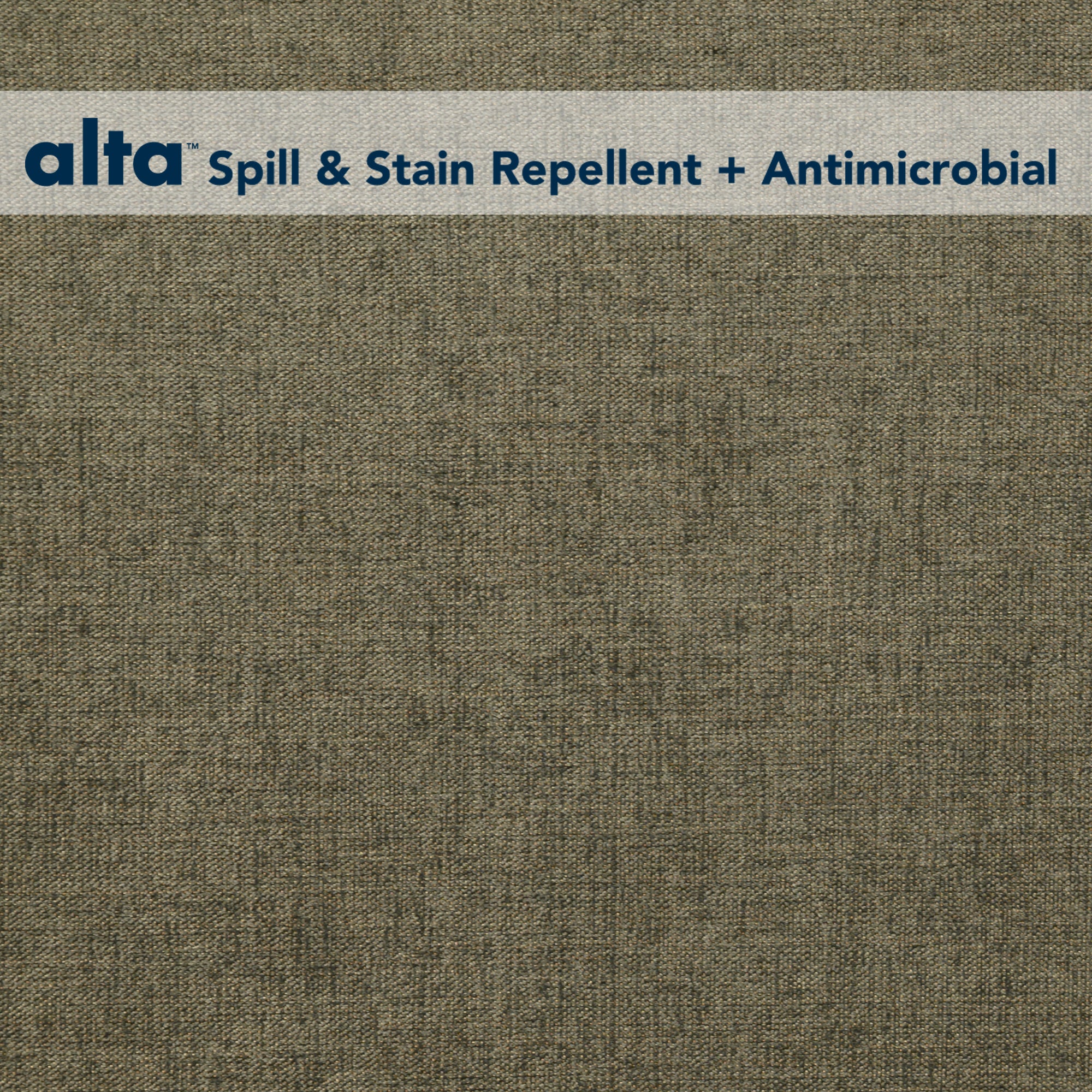 A close-up of Allure’s textured brown luxury performance fabric, with a top banner reading alta Spill & Stain Repellent + Antimicrobial in blue text.