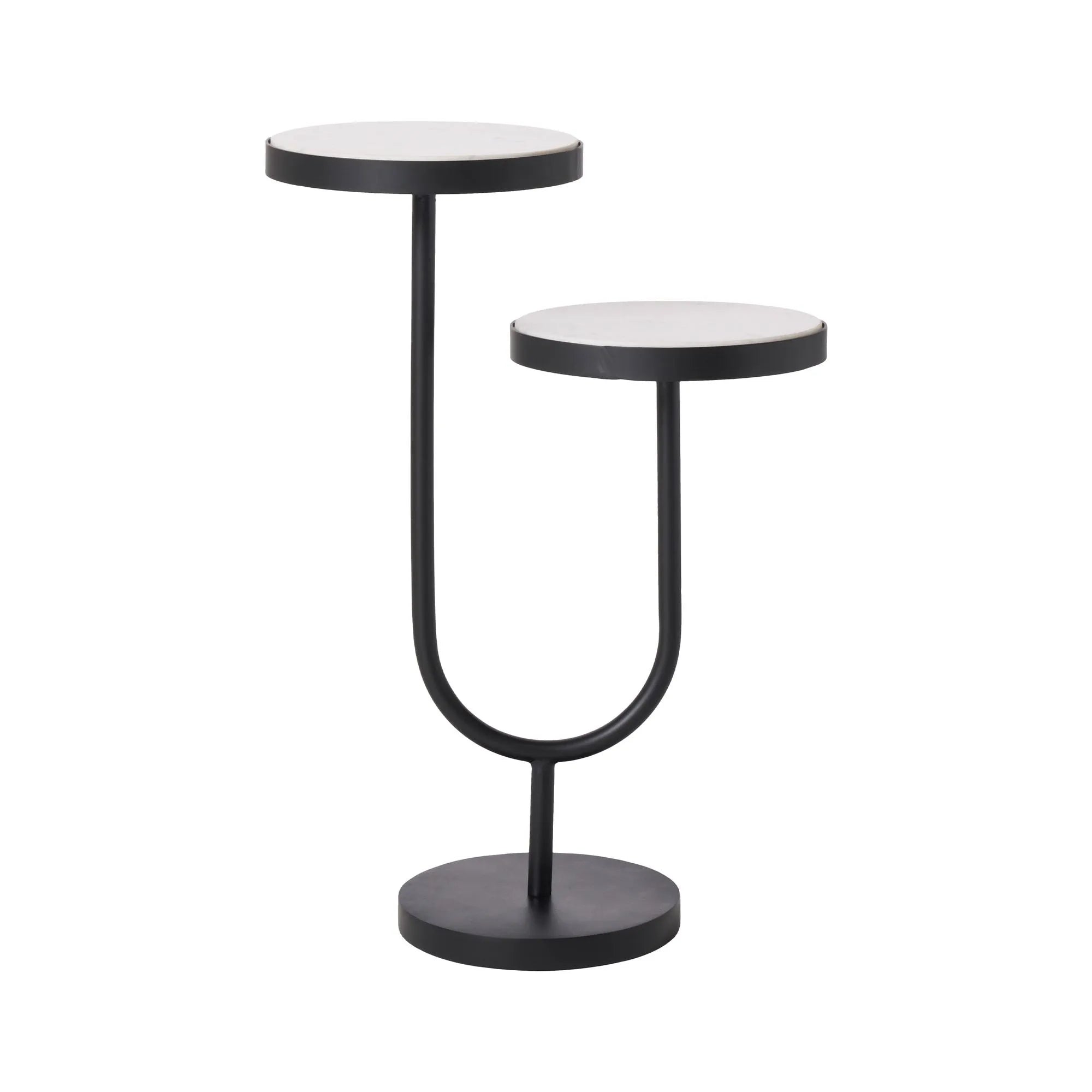 The Ambra accent table showcases two round white platforms at staggered heights, supported by a black iron frame that elegantly splits and curves upward from a circular black base.