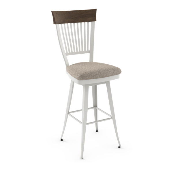 The Annabelle Bar Height Swivel Stool features a white metal frame, light beige upholstered seat, vertical slat back with dark wood accent, footrest, and angled legs for stability—ideal for commercial use.