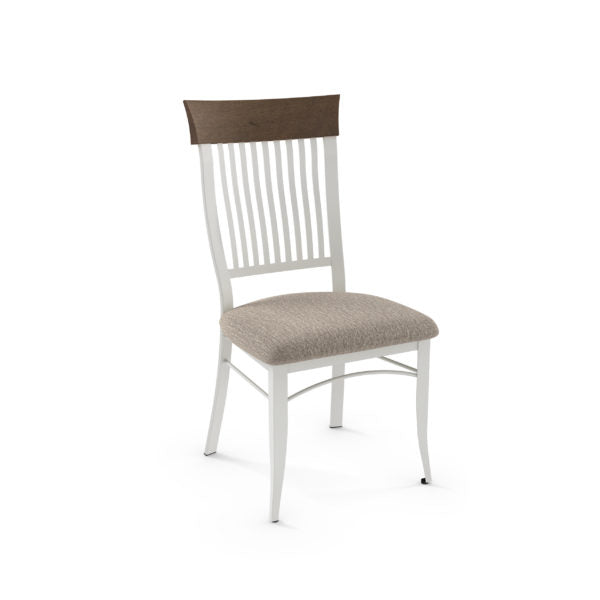 The Annabelle Chair features a white slatted wood back with a dark top rail, white legs, and a beige upholstered seat. This quality commercial chair is made in Canada and shown on a plain white background.