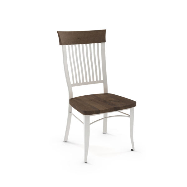The Annabelle Chair (Wood Seat and Back) is a modern commercial chair with a brown wooden seat and top rail, white vertical slat backrest, sturdy white legs, and comes with a 10-year warranty for peace of mind.