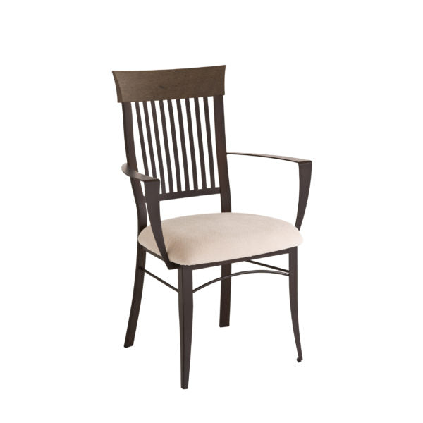 The Annabelle Armchair highlights Canadian craftsmanship with a dark wood frame, slatted back, curved arms, and light beige upholstered seat—covered by a 10-year structural warranty and shown on a plain white background.