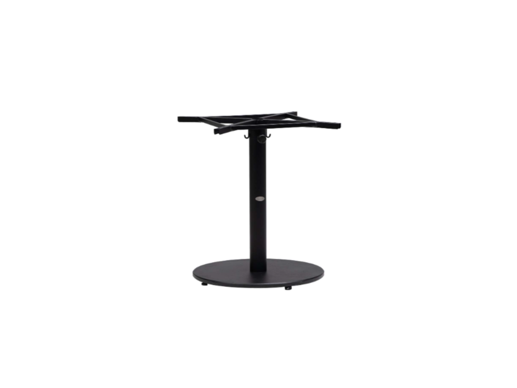 The Copenhagen Dining Table Base, crafted from rust-resistant black aluminum, features crossed supports for easy tabletop attachment and a minimalist design that stands out against a plain white background.