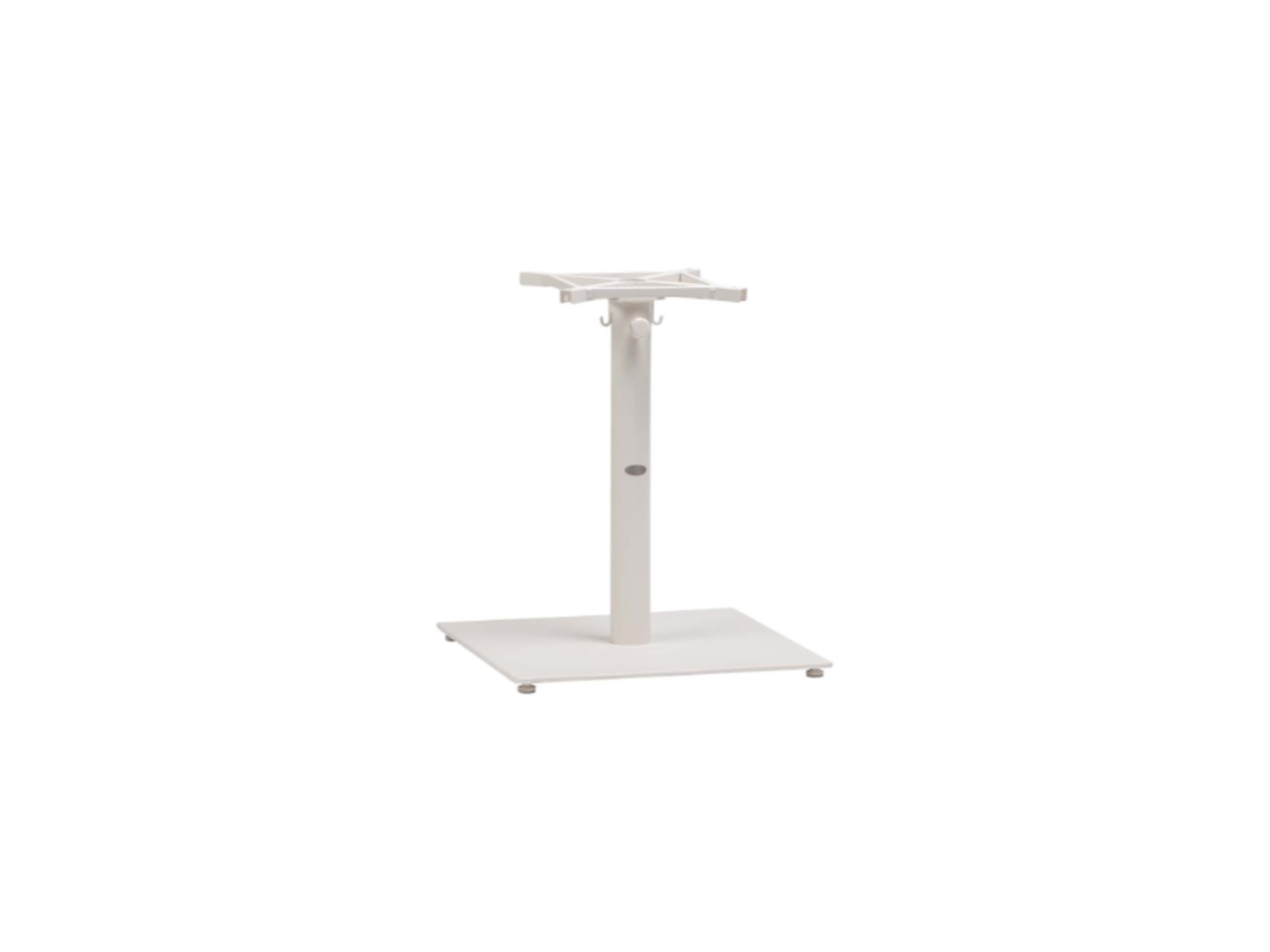 The Copenhagen Dining Table Base is a white outdoor base with a rust-resistant aluminum pedestal, a square flat bottom, single central support column, and a square mounting bracket on top.