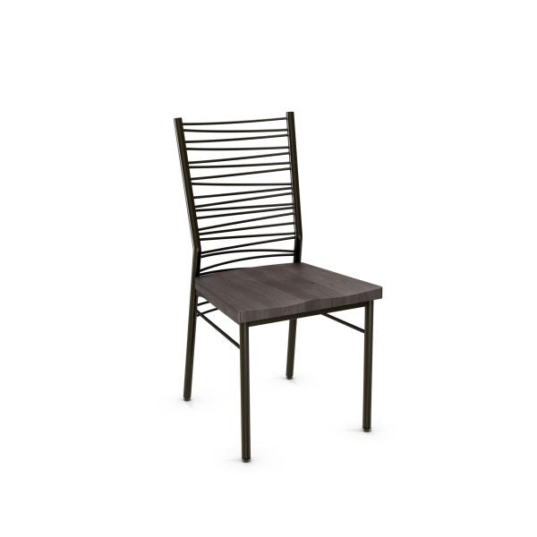 The Crescent Chair features a dark wood seat, a black Canadian steel frame, and a backrest with evenly spaced horizontal metal bars. This modern commercial chair comes with a 10-year warranty for durability and reliability.