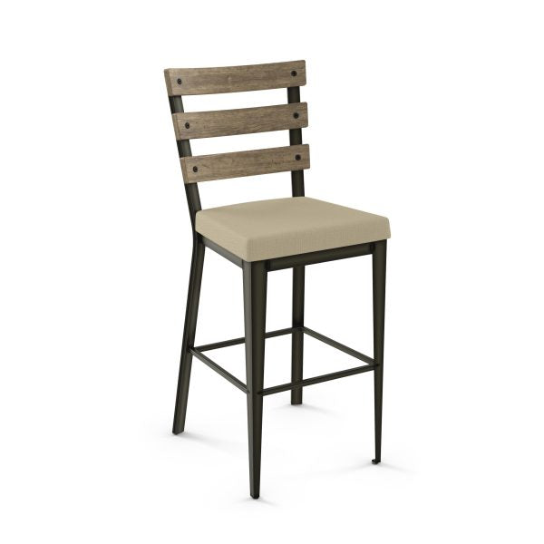 The Dexter Bar Height Stool features a beige upholstered seat, black metal legs and frame, and a wooden backrest with three horizontal slats—designed for commercial use and made in Canada.
