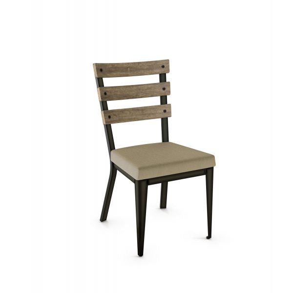 The Dexter Chair features a Canadian-made metal frame, wood slatted back, and upholstered beige seat, perfect for commercial spaces. Shown on a white background and backed by a 10-year structural warranty.