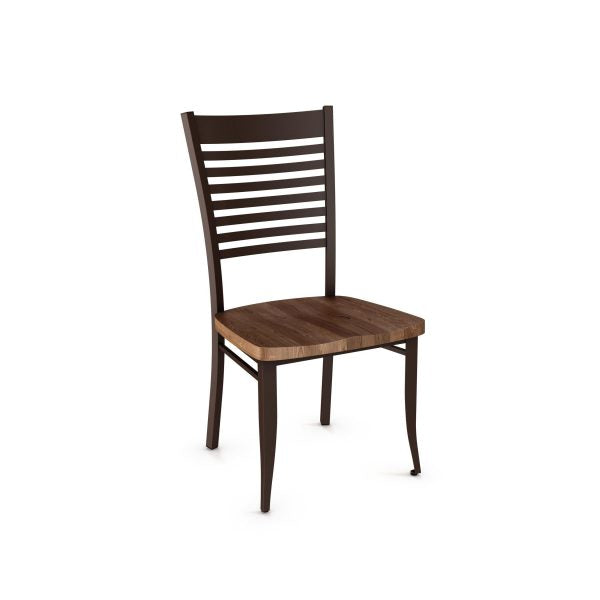 The Edwin Chair features a brown wood seat, a metal slatted backrest, and four straight legs. Its simple, modern design with clean lines is proudly made in Canada—perfect for commercial spaces.