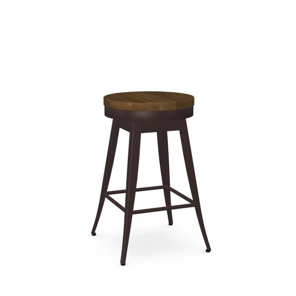 The Grace Bar Height Swivel Stool features a round wood seat, black metal legs with footrest, and a backless design. Its modern look and Canadian craftsmanship make it perfect for homes or commercial spaces.