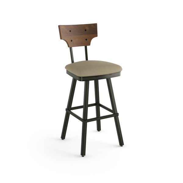 The Gustavson Bar Height Swivel Stool features a beige upholstered seat, brown wood backrest, and four black metal legs with support bars—perfect for commercial spaces.
