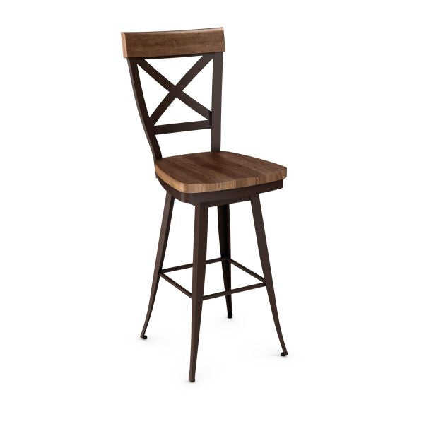 The Kyle Bar Height Swivel Stool features a wood seat and back, black metal frame, X-design backrest, and splayed legs with footrest—showcasing Canadian craftsmanship. Perfect for commercial spaces.