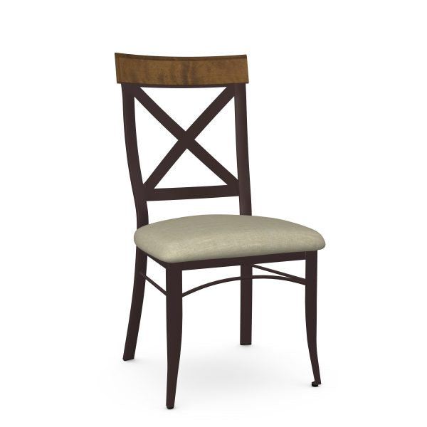 The Kyle Chair (Upholstered Seat and Wood Back) is a Canadian-made chair featuring a dark brown metal frame, X-shaped backrest, wood top rail, and light beige cushioned seat—stylish and durable for commercial use.