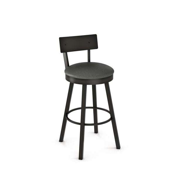 The Lauren Bar Height Swivel Stool features a black, upholstered round seat, a metal backrest with visible screws, and four angled legs joined by a circular footrest—durable for commercial use.