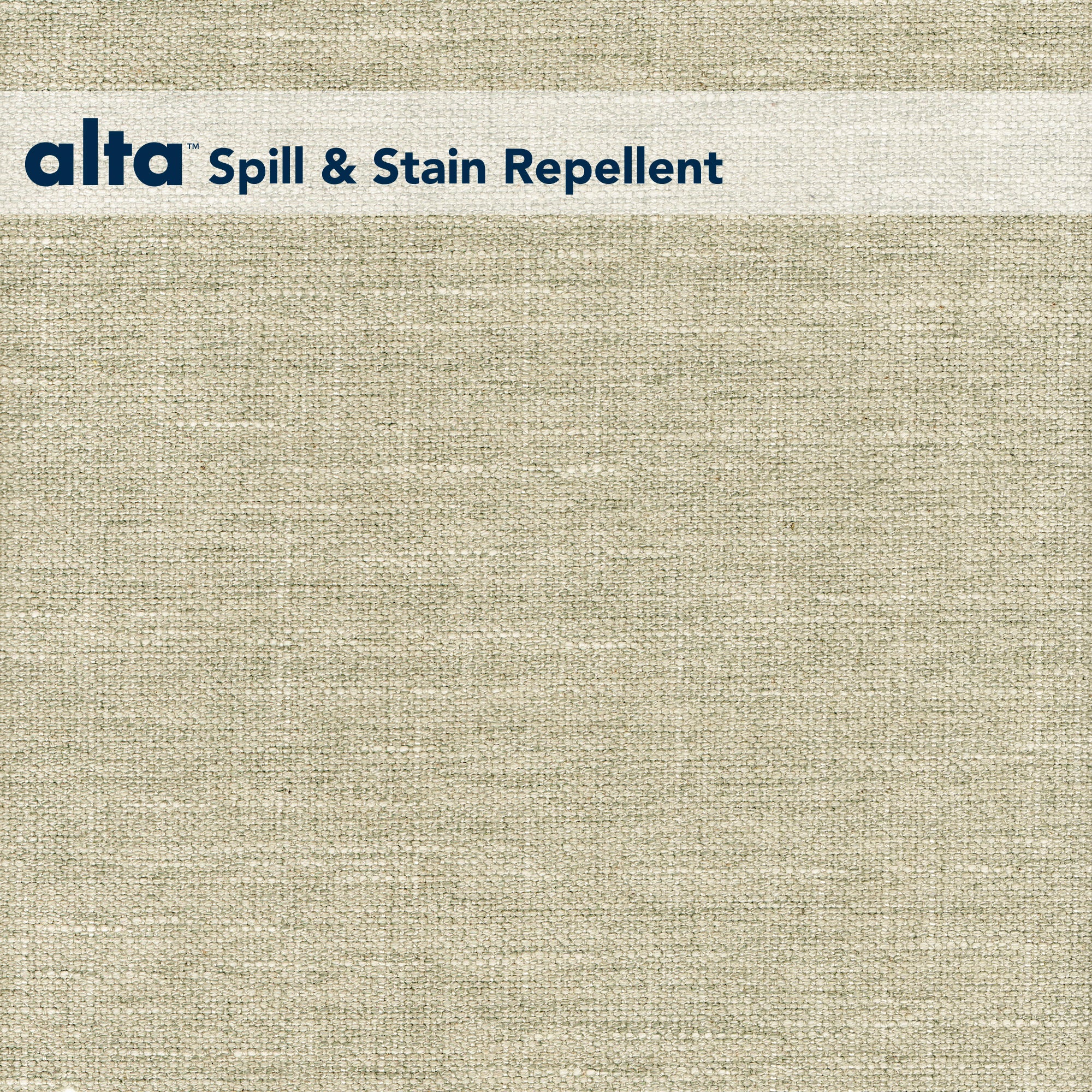 A beige, linen-textured performance fabric named Neil features a white banner at the top left with alta Spill & Stain Repellent in dark blue font, making it ideal for hospitality interiors.