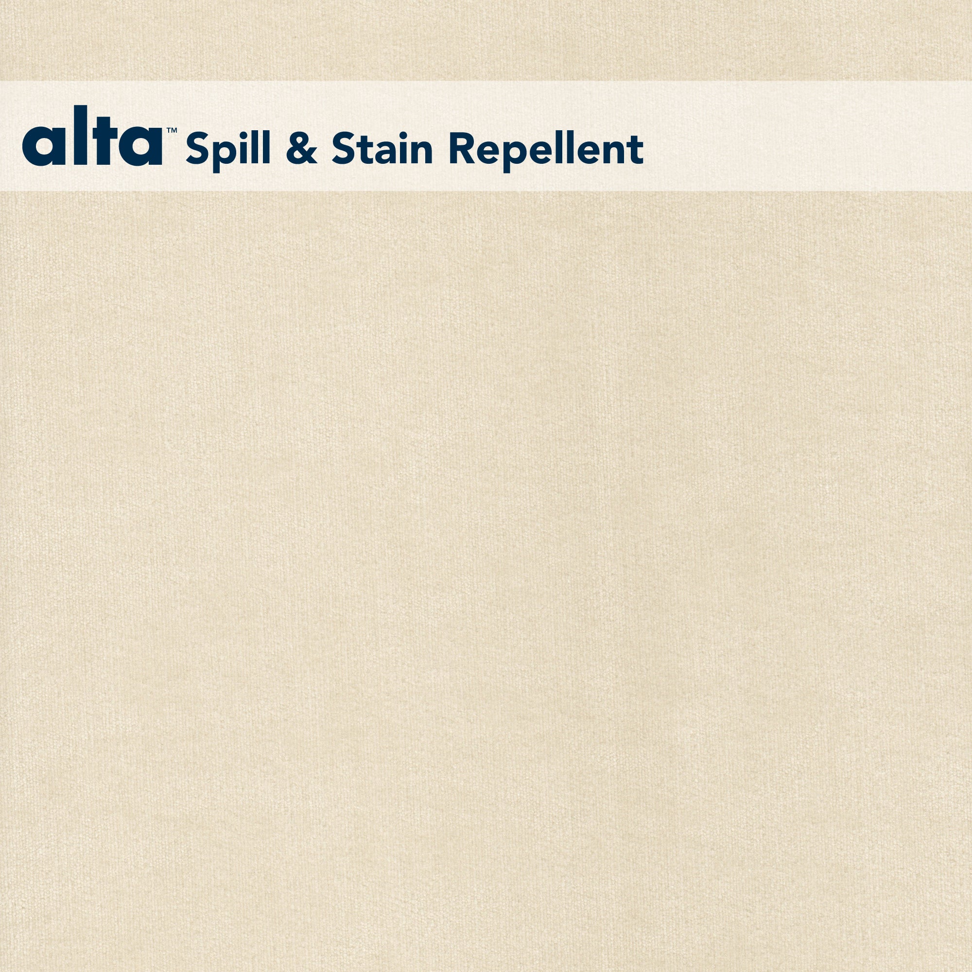 A cream-colored upholstery fabric called Romance features a white band at the top with blue text: alta™ Spill & Stain Repellent, showcasing this stain-repellent fabric’s advanced protection.