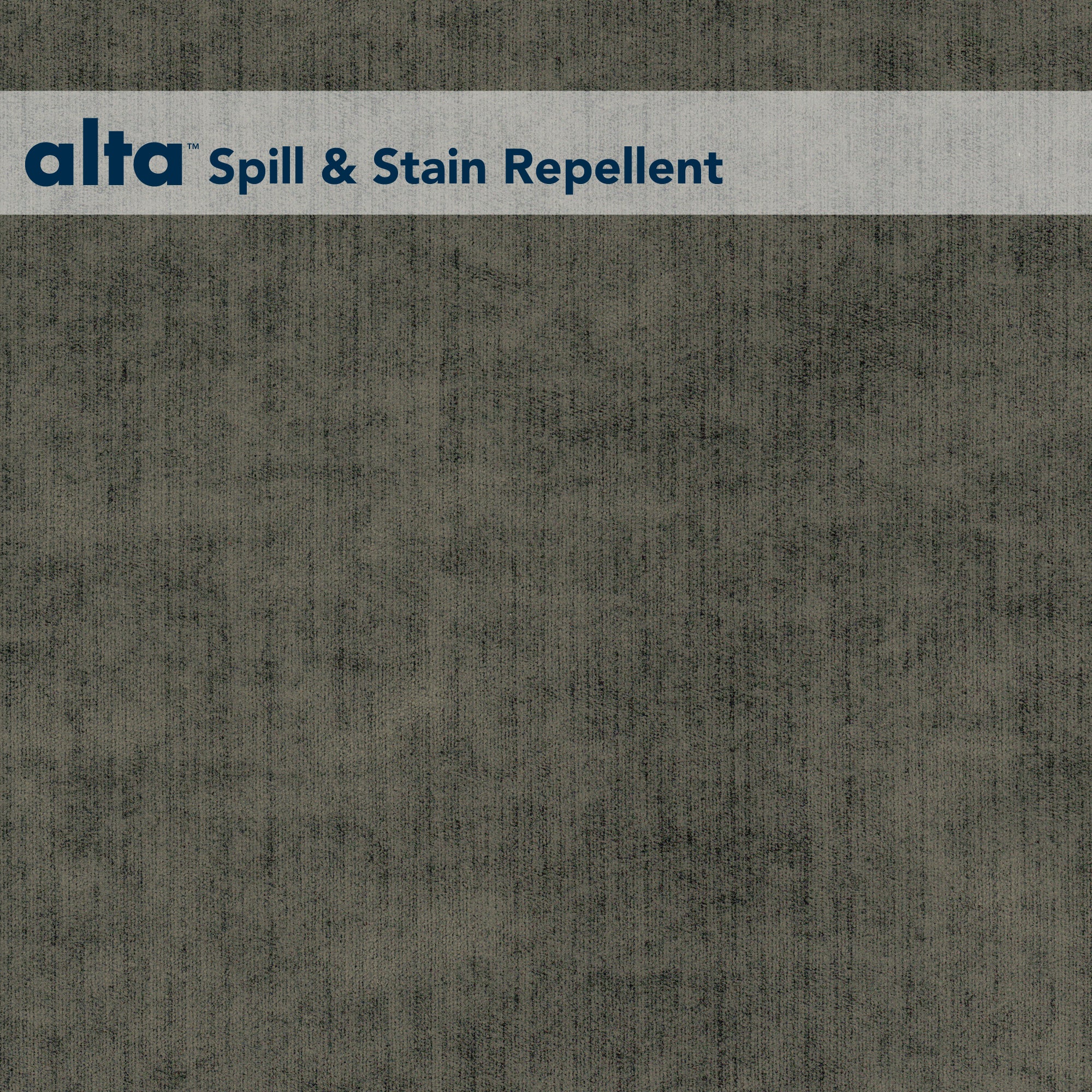 A textured gray upholstery fabric named Romance features a horizontal white banner at the top with alta™ Spill & Stain Repellent in dark blue, emphasizing its advanced stain-repellent technology.
