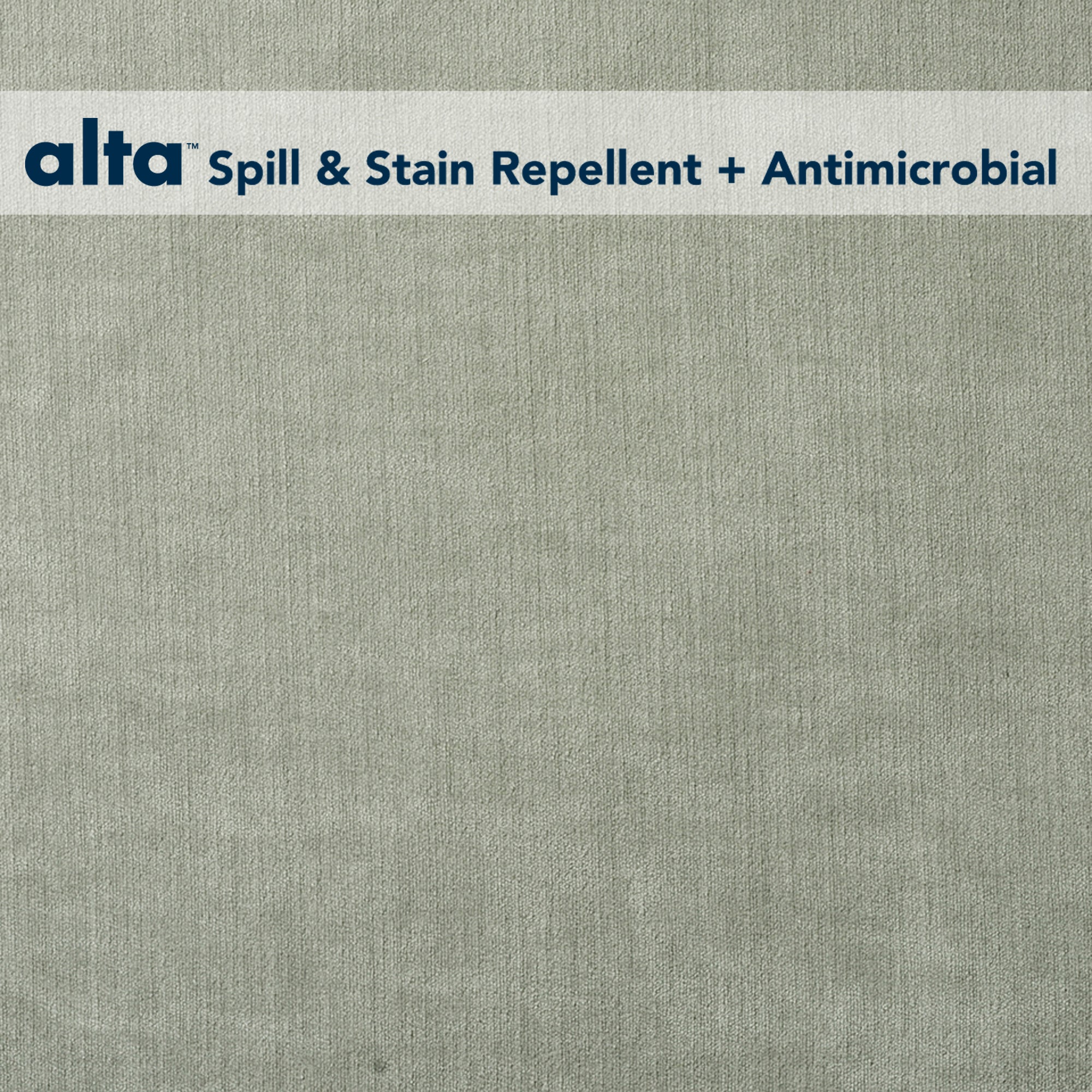 A light gray textured upholstery fabric called Romance, featuring a top banner that reads alta™ Spill & Stain Repellent + Antimicrobial in blue text.