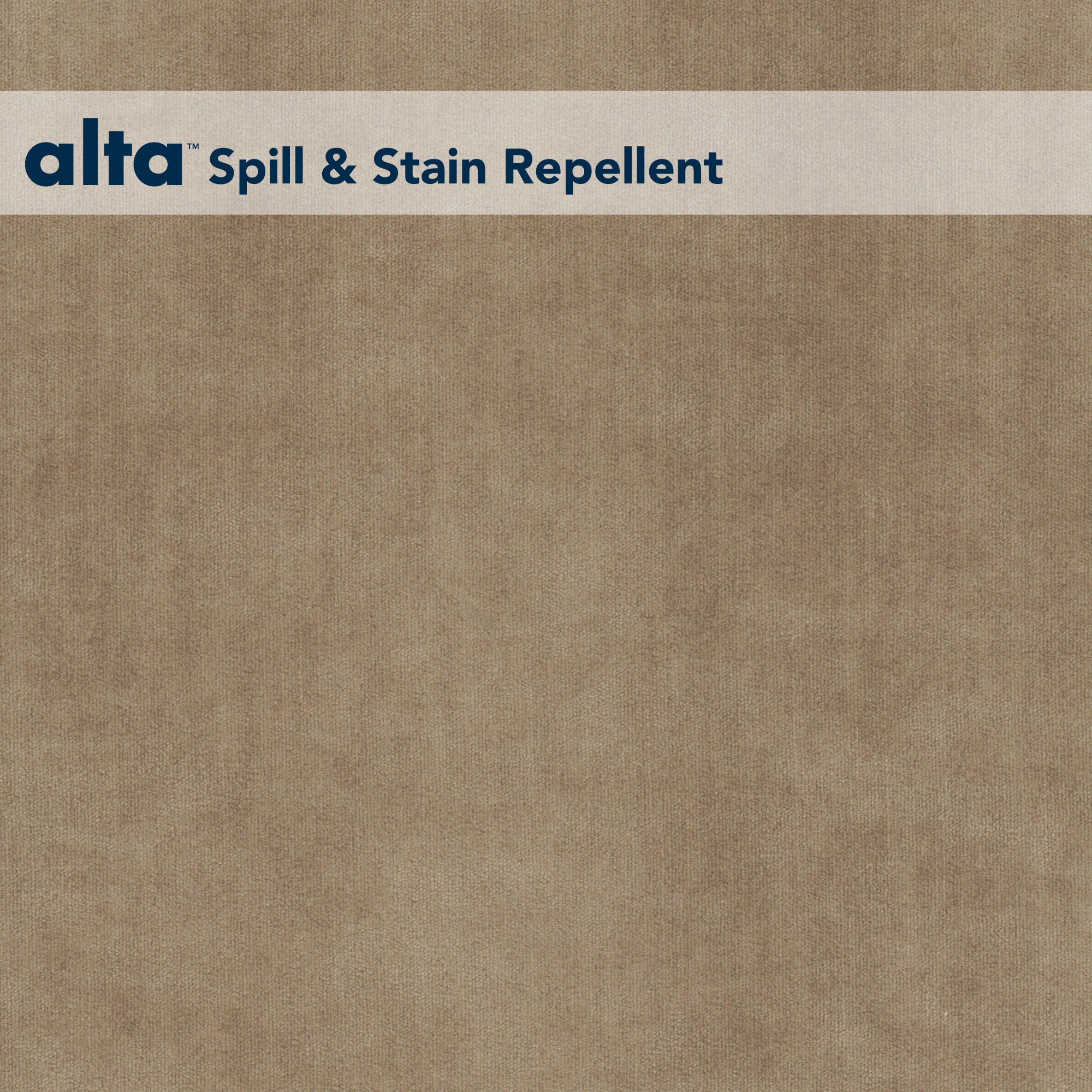 A tan stain repellent fabric background with a beige header at the top left displaying the text Romance Spill & Stain Repellent in blue.