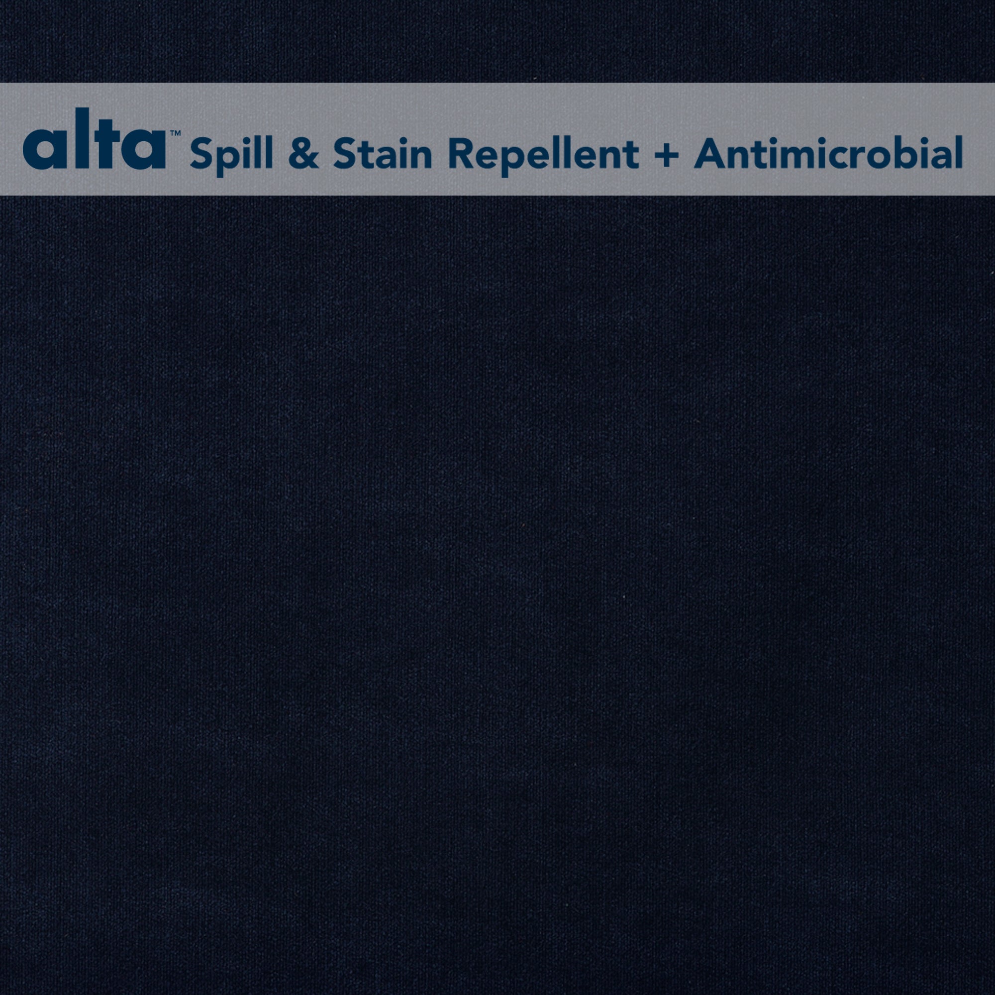 A dark blue Romance upholstery fabric background with a gray banner at the top. The banner reads “alta™ Spill & Stain Repellent + Antimicrobial” in blue and gray, highlighting this advanced stain-repellent fabric.