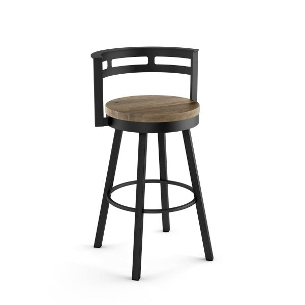 The Render Swivel Barstool features a black Canadian steel frame, round wood seat, metal backrest, four angled legs, and a circular footrest—combining modern style with commercial-grade durability.