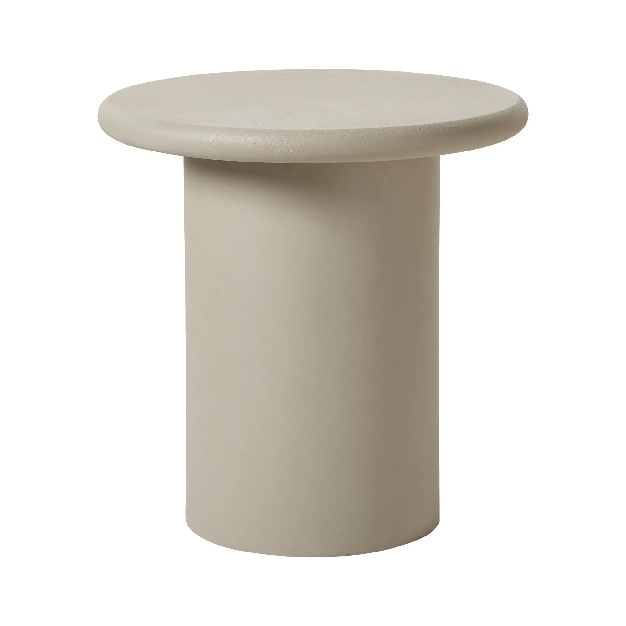 The Riya is a round, beige accent table with a smooth flat top and cylindrical base, ideal for minimalist interiors, shown against a white background.